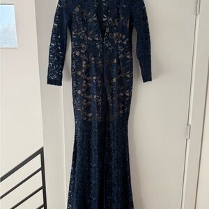 Abyss By Abby Blue and Tan V-Neck Long Sleeve Gown